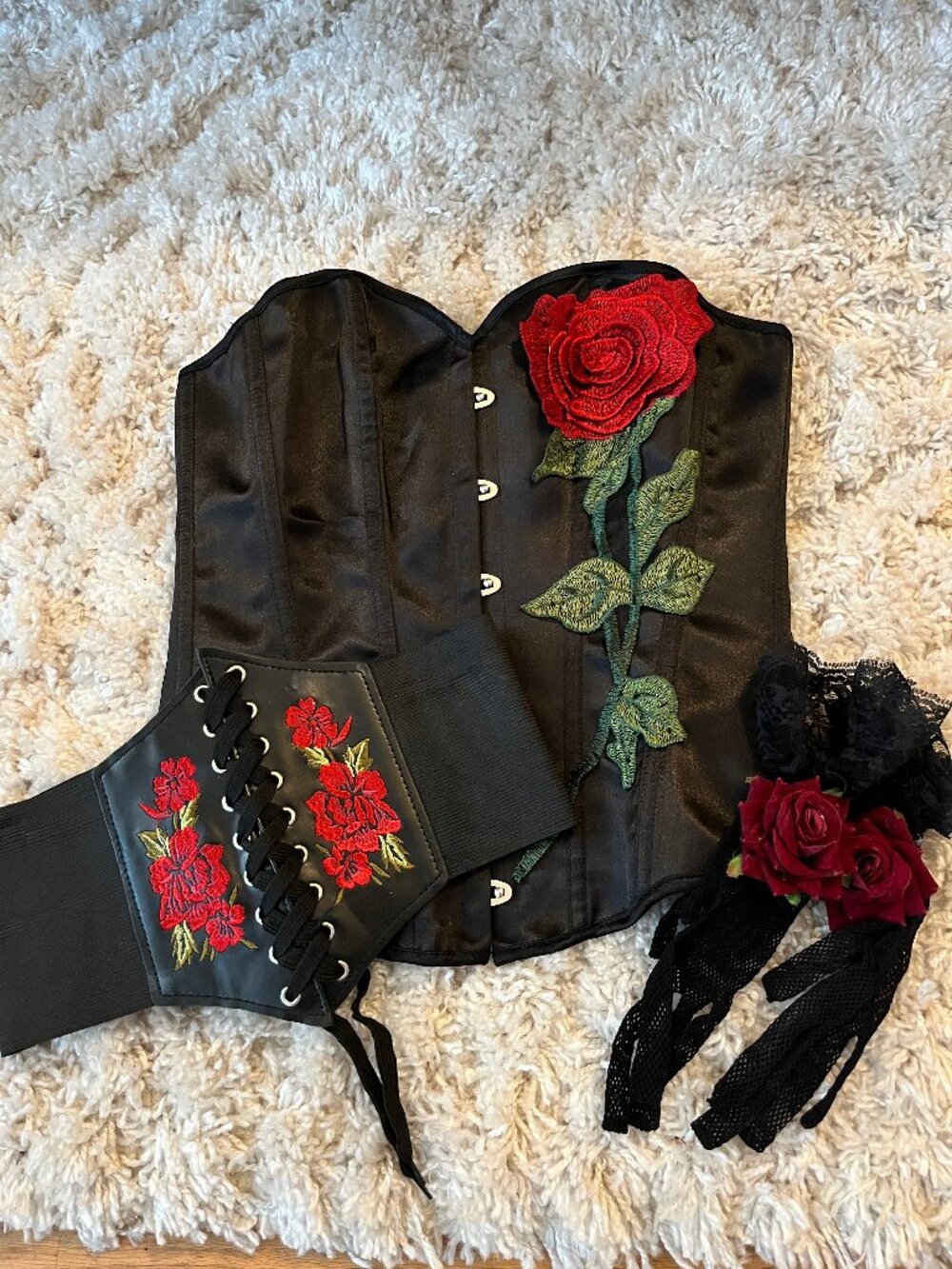 Rose Print Corset Set Matching Opera Gloves & Waist Belt 3-Piece